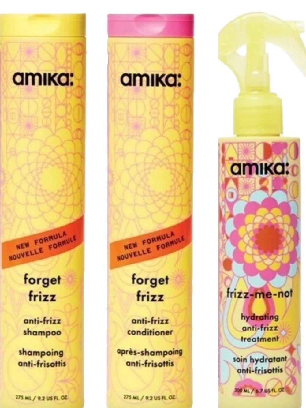 AMIKA 3 piece kit including SHAMPOO AND COND in Reg sizePlus Anti Frizz spray